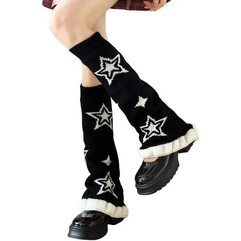 Women's Leg Warmers Star Pattern Knitted Y2k Japanese Kawaii Streetwear Harajuku Knee High Ruffle Trim Long Leg Sock