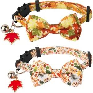 Fall Cat Collar with Removable Bow Tie Bell, 2 Pack Fall Leaves Thanksgiving Pet Bowtie Collar for Cats Kittens (7.5"- 10.5")