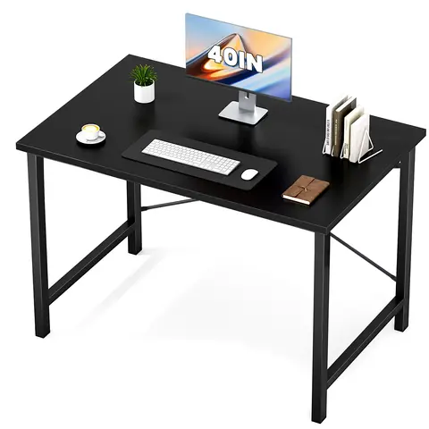 Furnest Iron Wood Indoor Office Desk - 40''-Black Home Office Workstation, Writing Desk with Scratch-Resist Top, Storage Bag, Hook, Metal Legs, Modern Simple Small Space Furniture for Home/Study