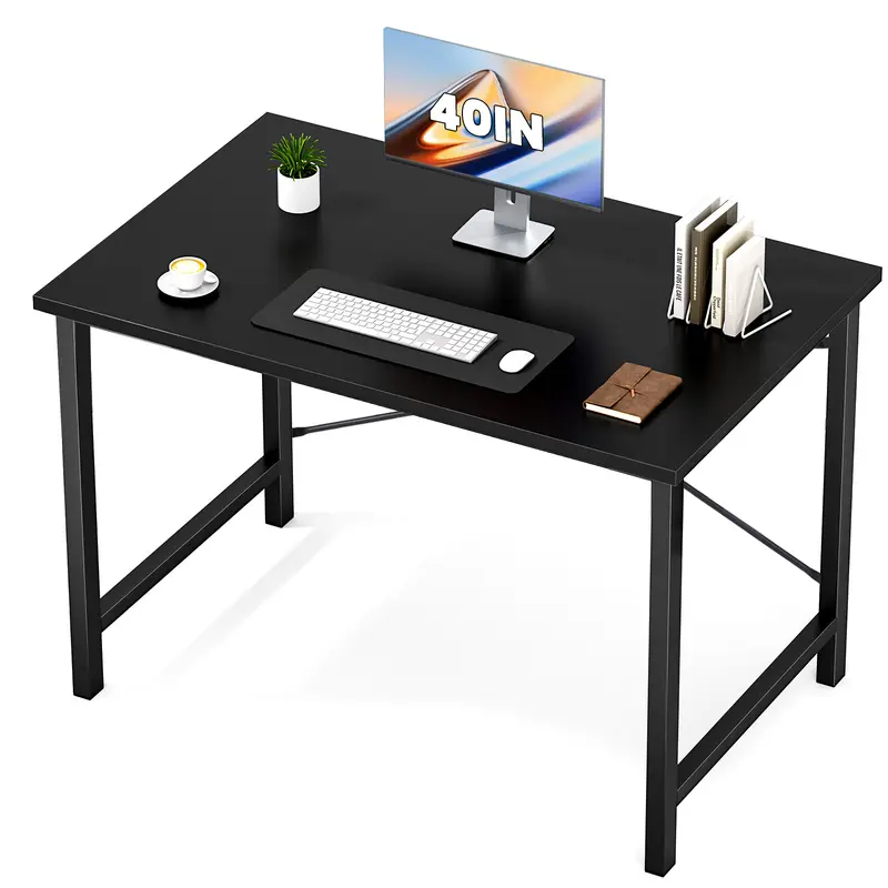 Furnest Iron Wood Indoor Office Desk - 40''-Black Home Office Workstation, Writing Desk with Scratch-Resist Top, Storage Bag, Hook, Metal Legs, Modern Simple Small Space Furniture for Home/Study