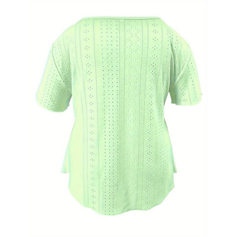 V Neck Plus Size Casual Short Sleeve Eyelet Scallop Trim T-Shirt - Spring & Summer Top For Women  Collar Fabric Elegant White Chic Womenswear Blouse Shortsleeve Vneck Spandex Vibe Knit Fitted Fluorescent Green