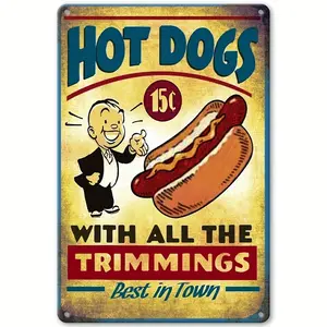 Vintage Hot Dog Metal Sign - 8x12" Retro Wall Decor for Kitchen, Garage, BBQ - Easy Hang, No Power Needed, Garage Decor