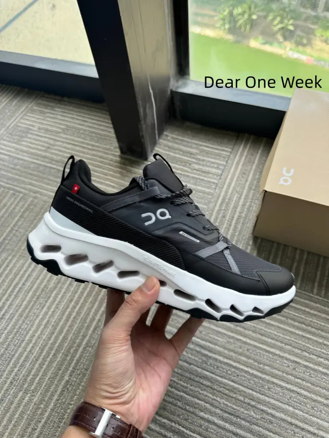 Black breathable mesh outdoor running sneakers hollow white chunky shock cushion sole gray stripe detail lace up unisex trainers for hiking jogging daily street casual wear