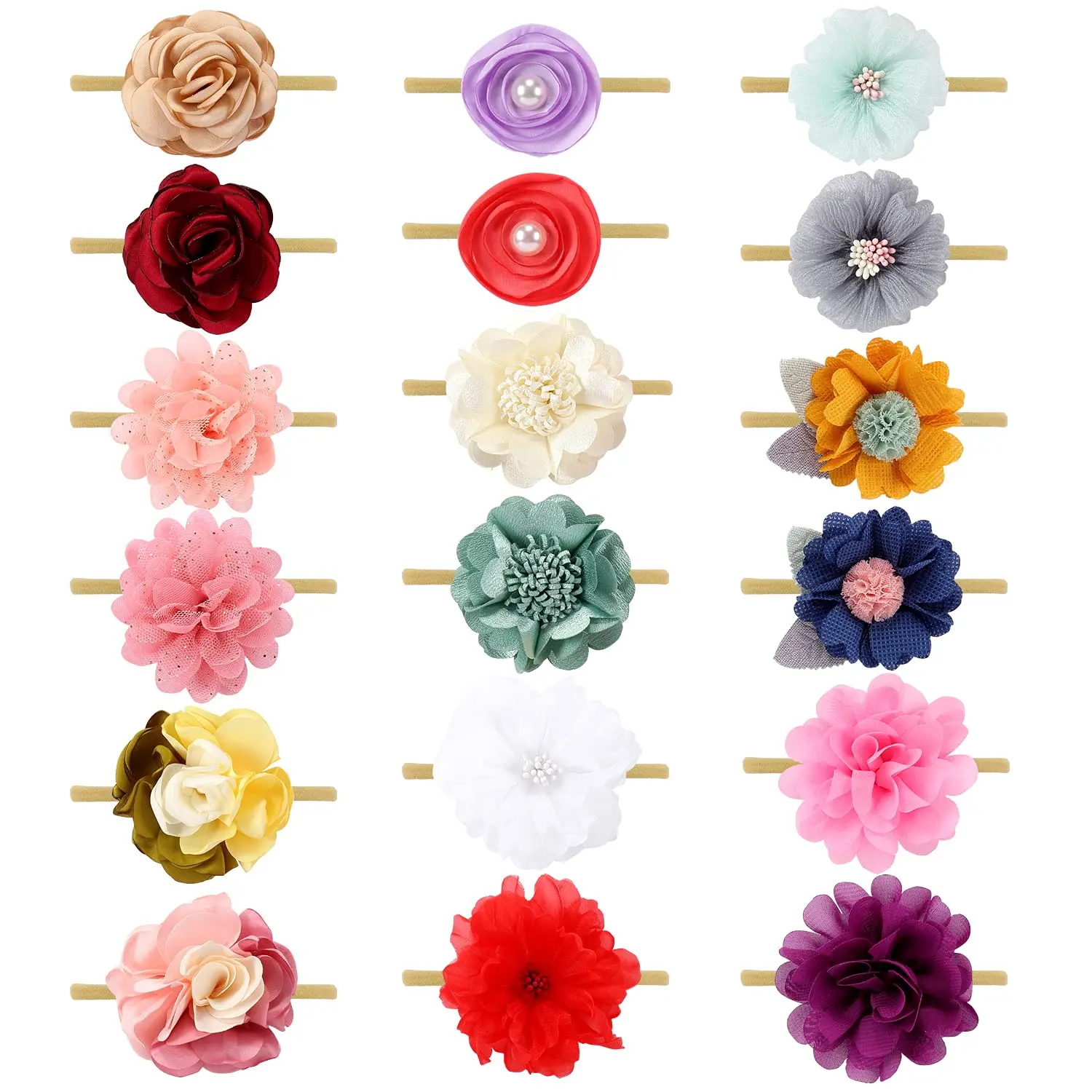 18 Pack Headbands for Baby Girls, Handmade Assorted Floral Chiffon Bows on Soft Stretchy 1-Size Nylon Bands for Newborns & Toddlers, One Size, Banquet
