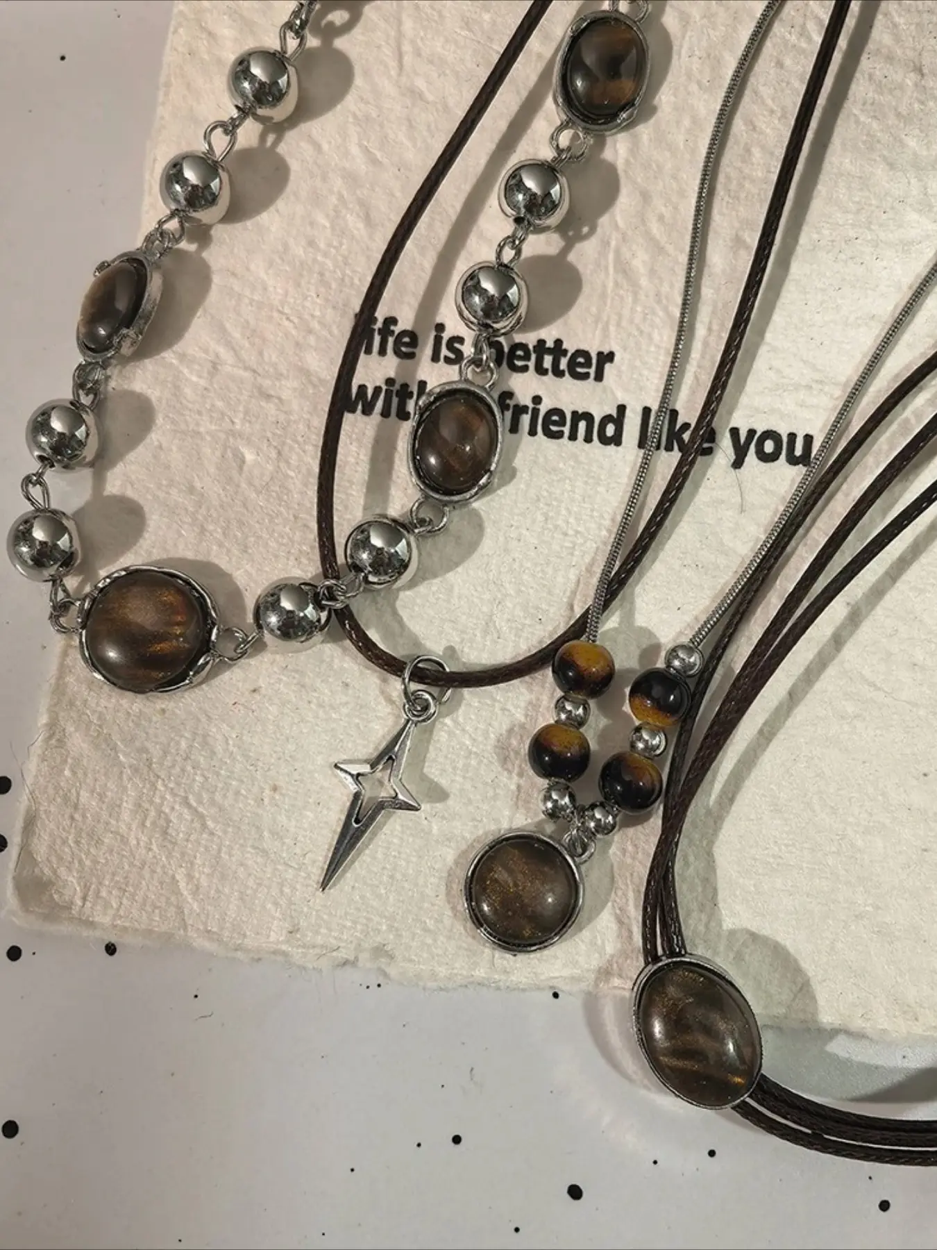 4PC/Set Boho Brown Tiger Eye Beaded Chokers Vintage Star Charm Stackable Jewelry Set for Daily Wear & Gift Assorted Bead Necklaces