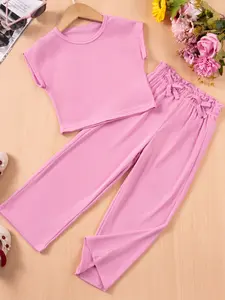 2pcs Girls' Summer Casual Two-Piece Set, Sleeveless Plain Top & Long Pants, Trendy Fashion Kids Clothing, Fitted Style, Casual Outfit Set, Summer Clothes Set, Summer Outfits Set