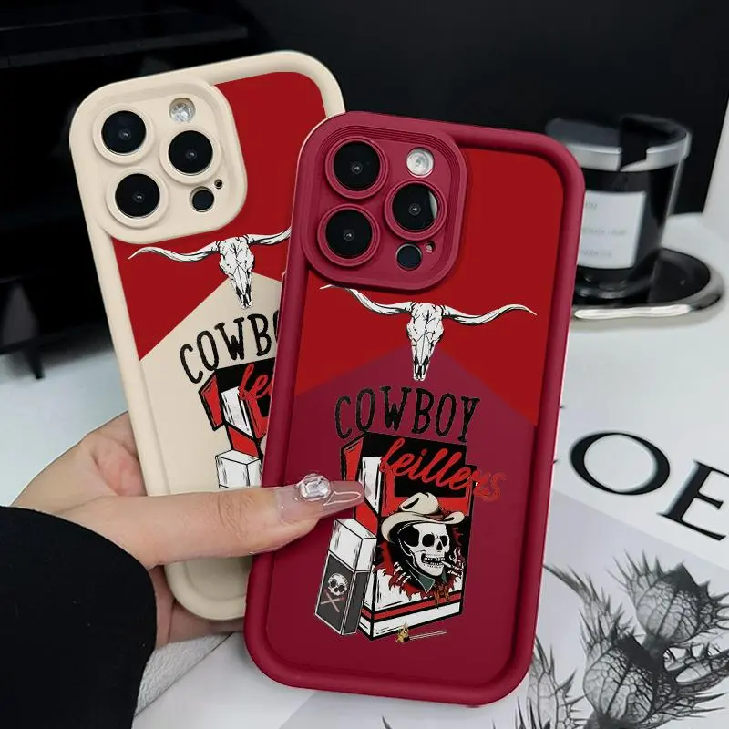 Durable TPU Flex Phone Case for iPhone Series (17 Pro Max,16 Plus,15,14,13,12,11,Air) - Cowboy Skull Pattern, Soft Matte Armor, Lens Shield Back Cover, Mobile Phone Accessories for Boys, Lens Guard