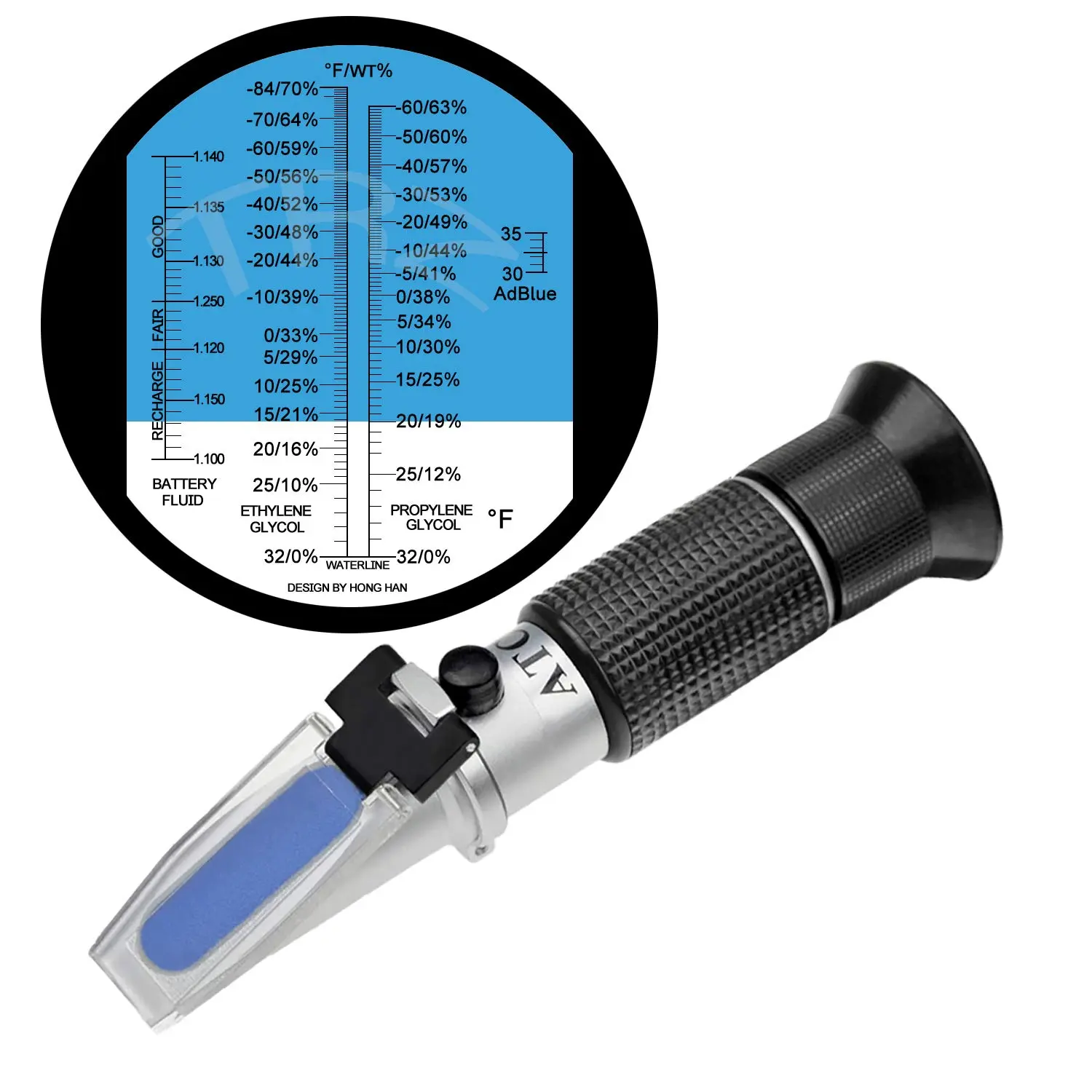 4-in-1 High Precision Antifreeze Refractometer - Measures Ethylene Glycol, Propylene Glycol Freezing Point & Concentration, AdBlue, Industrial Battery Fluid, Acidic/Alkaline Levels, Corrosion-Resistant Single Unit (℉)