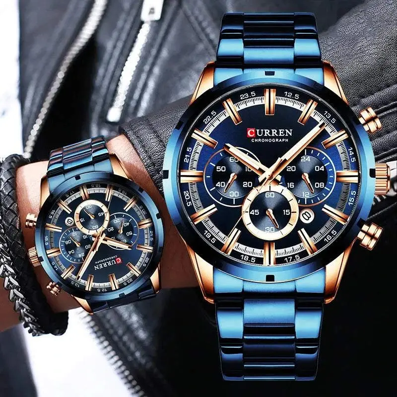 Blue Dial Stainless Steel Band Waterproof Watches