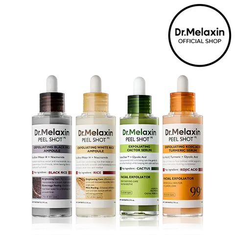 [Dr.Melaxin Official] Peel Shot Exfoliating Ampoule Set, 4-Piece | White Rice, Black Rice, Kojic Acid Turmeric & Cactus | Gentle Face Exfoliator for Pores, Puffiness & Glow | Korean Skincare
