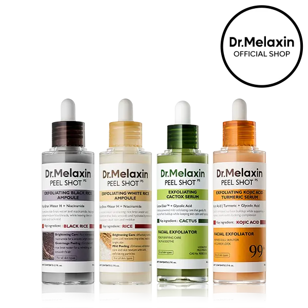 [Dr.Melaxin Official] Peel Shot Exfoliating Ampoule Set, 4-Piece | White Rice, Black Rice, Kojic Acid Turmeric & Cactus | Gentle Face Exfoliator for Pores, Puffiness & Glow | Korean Skincare