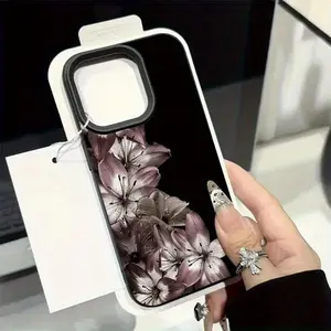 Dark Purple Lily Pattern Lychee Plastic Protective Shockproof Smartphone Case - Phone 17,16,16e,15,14,13,12,11 Pro Max,X,XR,XS,8,7 Plus Casing Cover, Mobile Phone Accessories
