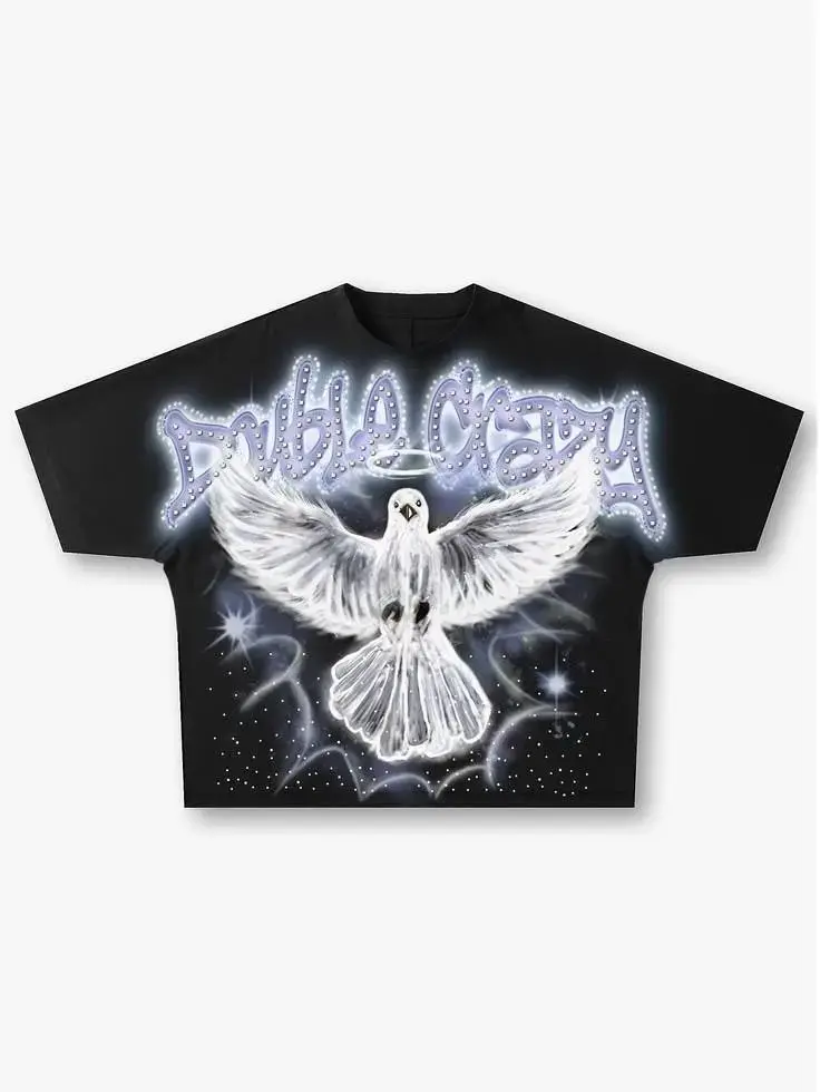Y2K Streetwear White Dove Graphic Tee Oversized Black T-Shirt Premium Heavyweight Cotton Blend Breathable Fabric Retro Grunge Aesthetic Hip Hop Shirt Perfect Gift for Teens & Adults