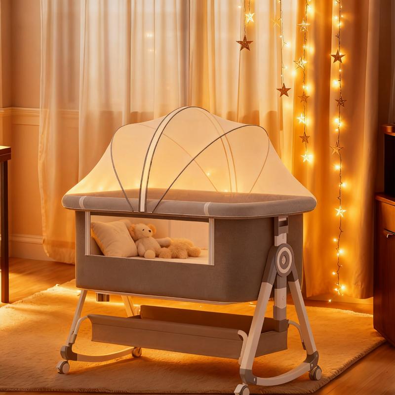 Virplik 4-in-1 Portable Baby Bassinet with Mosquito Net Rocking Function Storage Basket Adjustable Height Foldable Bedside Sleeper for Newborns with Wheels & Mattress Crib