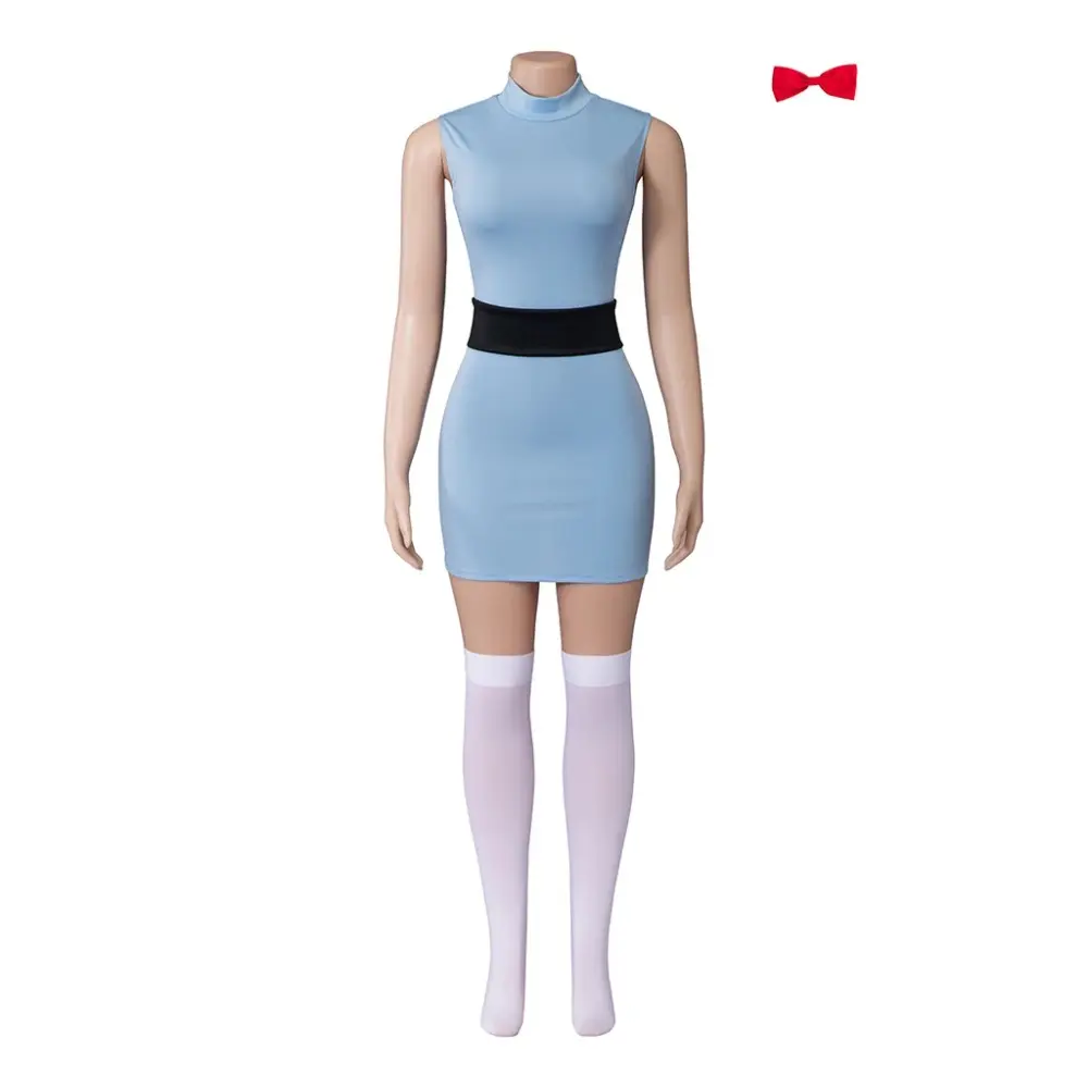 Women's Belted Comfortable Bubbles Inspired Powerpuff Costume Dress Set - Solid Blue Superhero-Style A-Line Outfit for Comic Conventions, Girls, Accessories