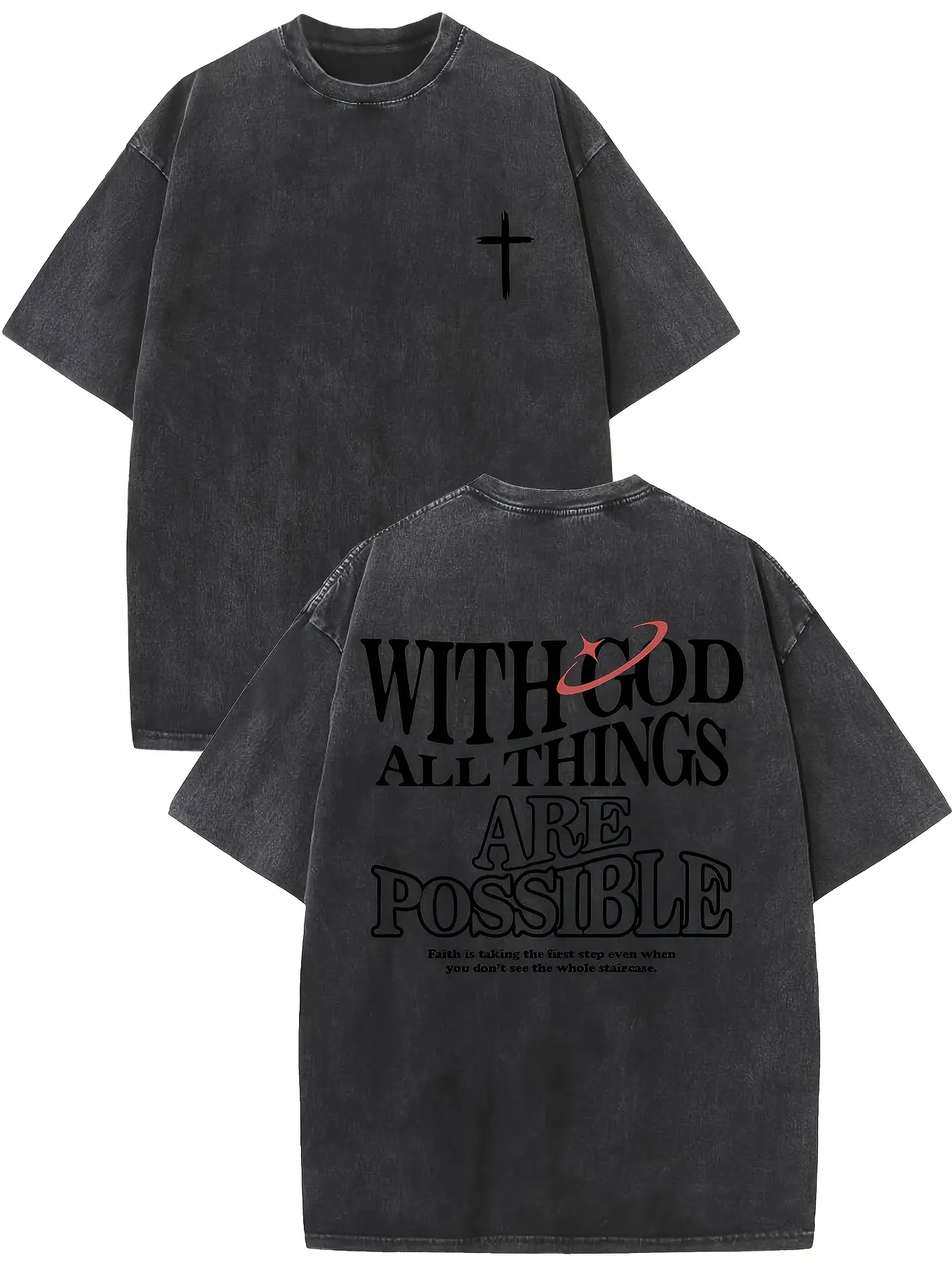 Men's vintage washed cotton T-shirt with the design 'With God all things are possible' from Matthew 26:41, loose fit short-sleeve shirt, black with wh