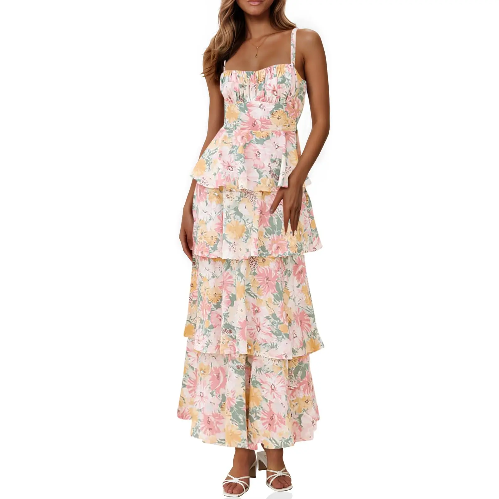 Wenrine Women's Summer Floral Maxi Dresses Sleeveless Spaghetti Strap Tie  Back Ruffle Tiered Flowy Dresses - TikTok Shop