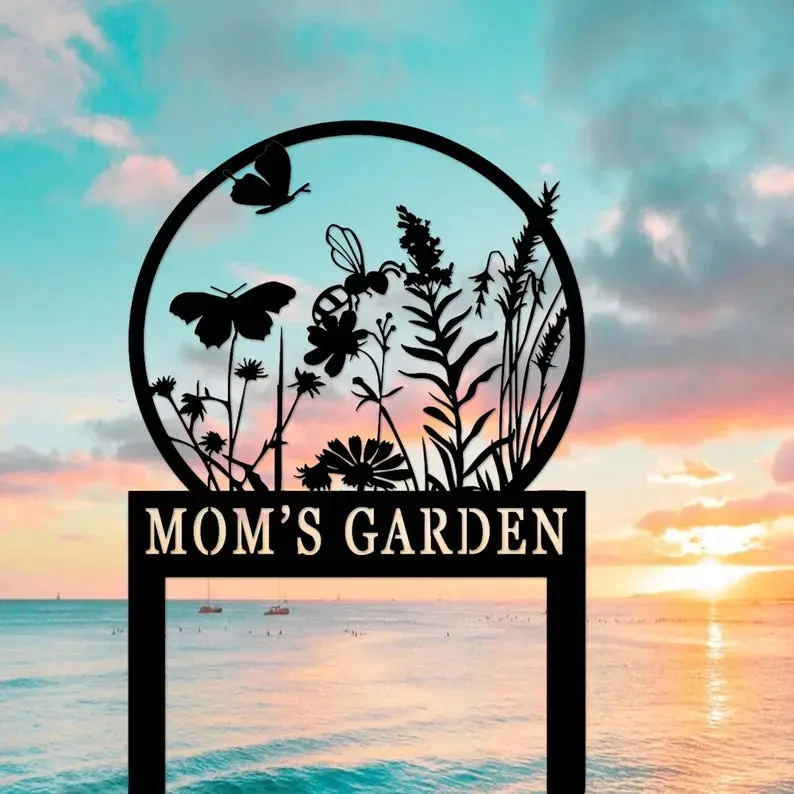 Personalized Metal Flowers Garden Stake, Custom Garden Name Sign, Floral Garden Sign, Outdoor Garden Decor, Metal Garden Art