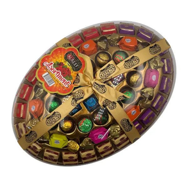 Alreef Milk Chocolate Assortment with Variety of Fillings - Banana - Strawberry - Coconut - Cherry - Vanilla - Hazelnut - Clear Plastic Dome Lid