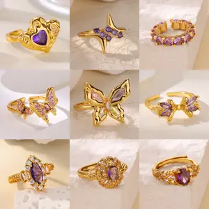 18K Gold Plated Purple Heart Bow Zircon Ring |     Luxury Minimalist Claddagh Ring for Women