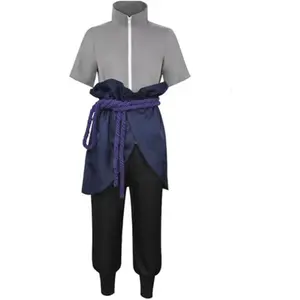 Sasuke Shippuden Grey Top Cosplay Costume Set Black Pants Blue Apron Purple Waist Rope for Comic Con