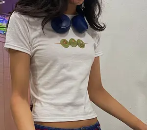 Olive Skewer Graphic Baby Tee, Minimalist Food Aesthetic Slim Fit Baby Tee, Y2K Cute Snack Top, Trendy Streetwear Shirt