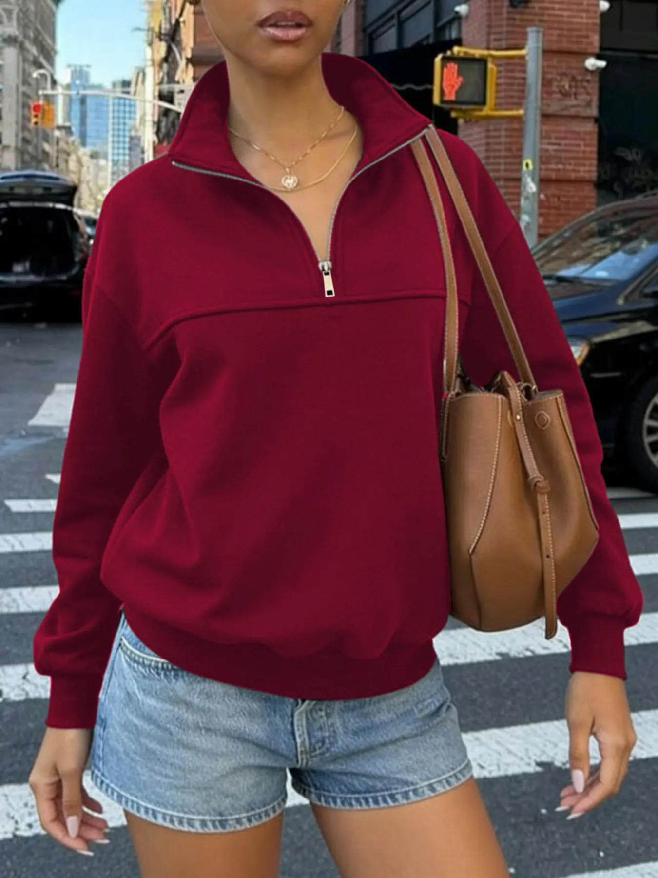 Vintage quarter-zip pullover Women's high-neck turtleneck fleece-lined Long sleeve Loose casual Everyday Wear, sweatshirt, Basic, Chic, Womenswear