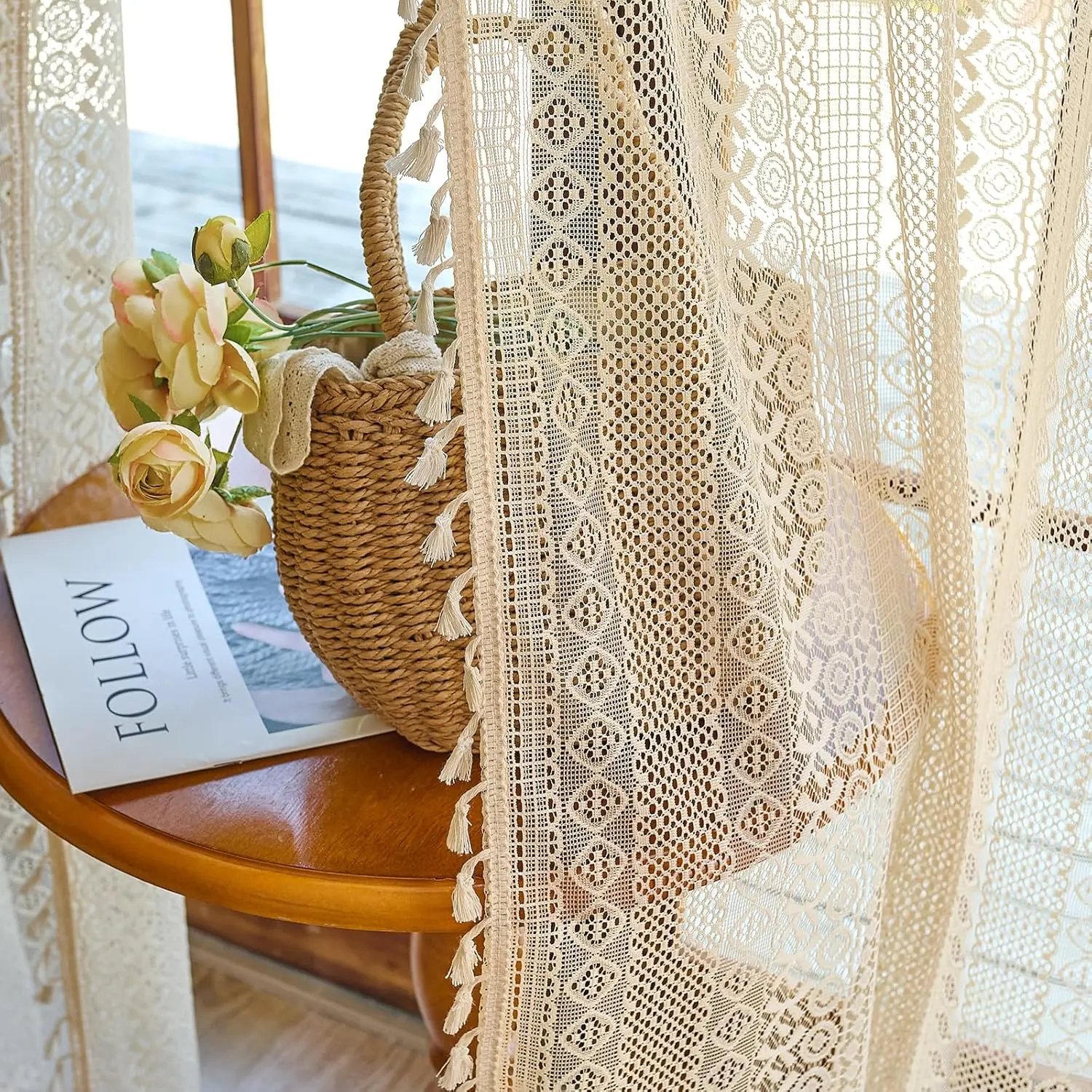 Boho Curtains Crochet Lace Semi-Sheer Hollow Out Knitted Tassels Curtain 84 Inch Length 2 Panels Set for Living Room,  Bohemian Light Filtering Rod Pocket Drapes, (W52xL84,Beige)