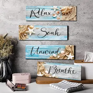 4pcs Coastal Beach Wall Decor - Rustic Wooden Wall Art Signs for Living Room, Bathroom & Bedroom -  Shells & Driftwood Design - Oceanic Theme Farmhouse Decor - No Electricity Needed, Perfect for Spa & Laundry Room Decoration - Wooden Home Sign