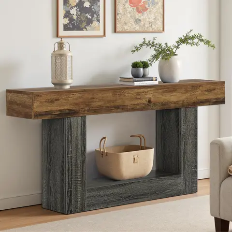 Spaco 63-Inch 2-Tier Farmhouse Rectangular Engineered Wood Pedestal Table - Assembly Required Living Room Tables, 2-Tier Living Room Furniture, Entryway Storage Accent Furniture