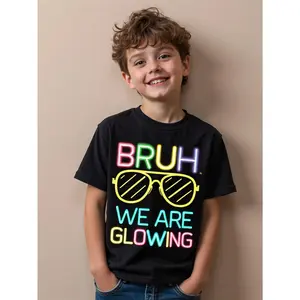' Neon Glow-in-the-Dark T-Shirt - "Bruh We Are Glowing" Group Team Matching Outfits, Short Sleeve Casual Party Wear with Reactive Text, Black Activated ' Streetwear Tee  (3-13Y)