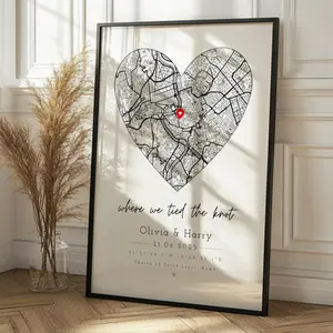 Personalised Wedding Frame Gift, Anniversary Engagement First Date Couple Heart Minimalist Map Home Decor Married Valentines Unique, Custom Gift for Him, Couple Gift