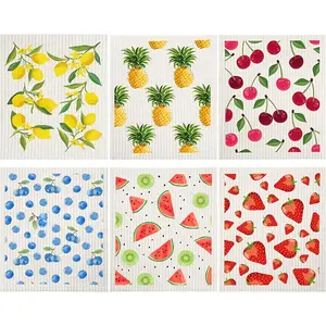 Mixed Fruit Swedish Kitchen Dishcloths Reusable Dish Towels Absorbent and Fast Dry Cleaning Cloths for Kitchen Blueberry Cherry Strawberry Lemon Pineapple Watermelon Cleaning Wipes (6 Pieces) Cotton Hand