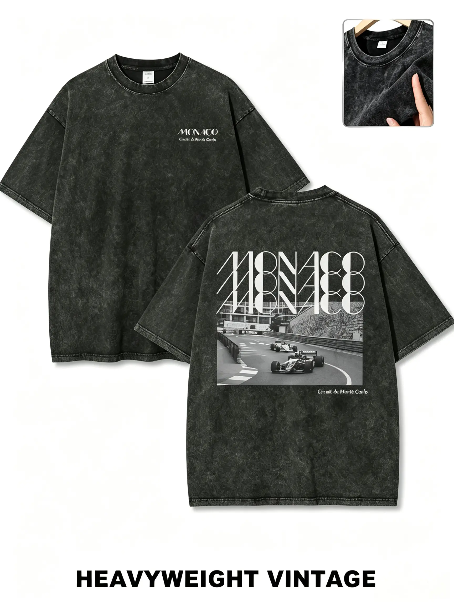 Vintage Washed Monaco Racing Graphic T Shirt Oversized Heavyweight Cotton Tee Streetwear Formula Style Retro Acid Wash Loose Fit Y2K Fashion Casual Summer Unisex Graphic Shirt