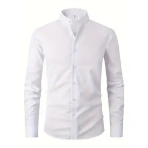 Men's Solid Mandarin Collar Design Dress Shirts, Long Sleeve Casual Button Up Shirt For Formal Occasions