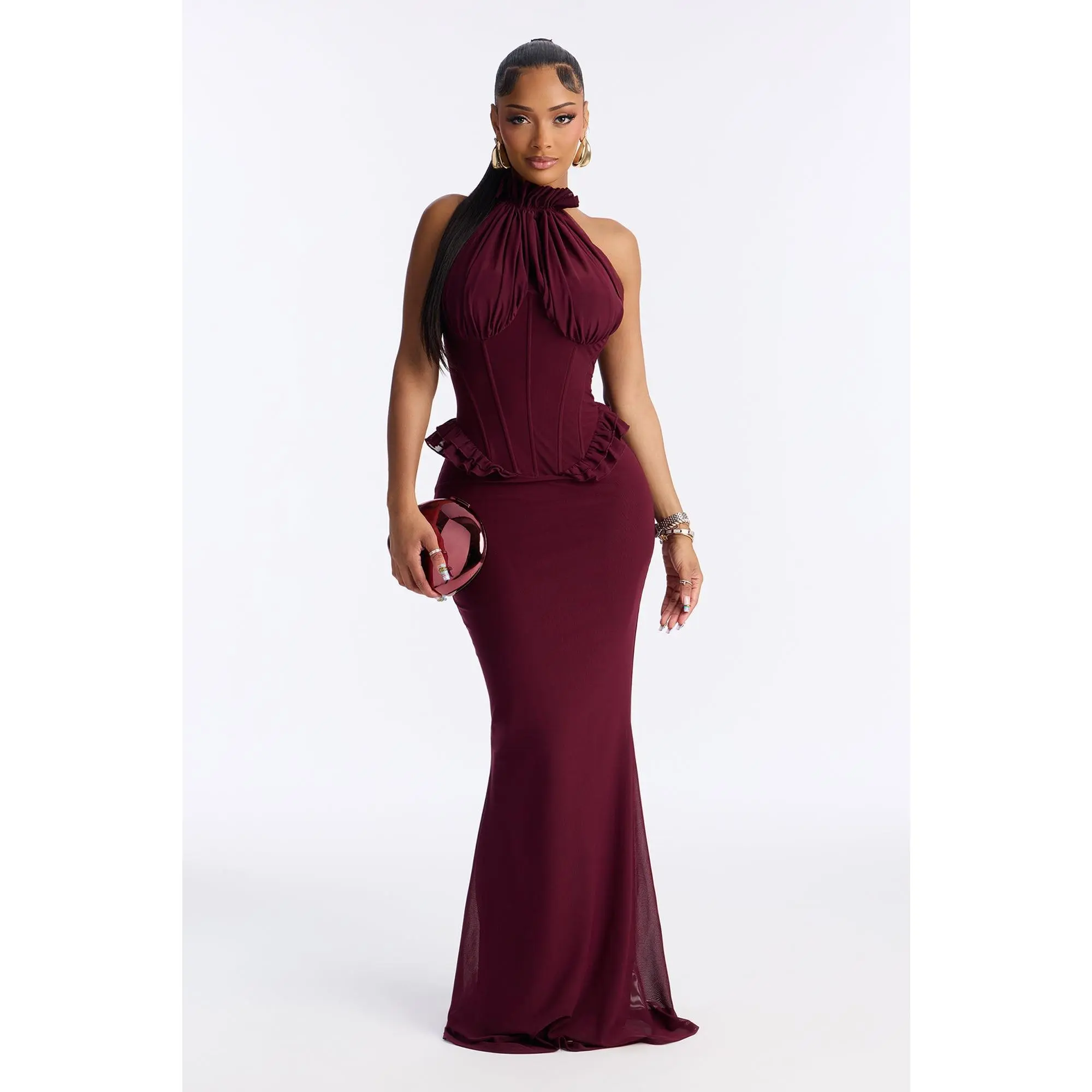 Vintage Mood Mesh Maxi Dress - Wine