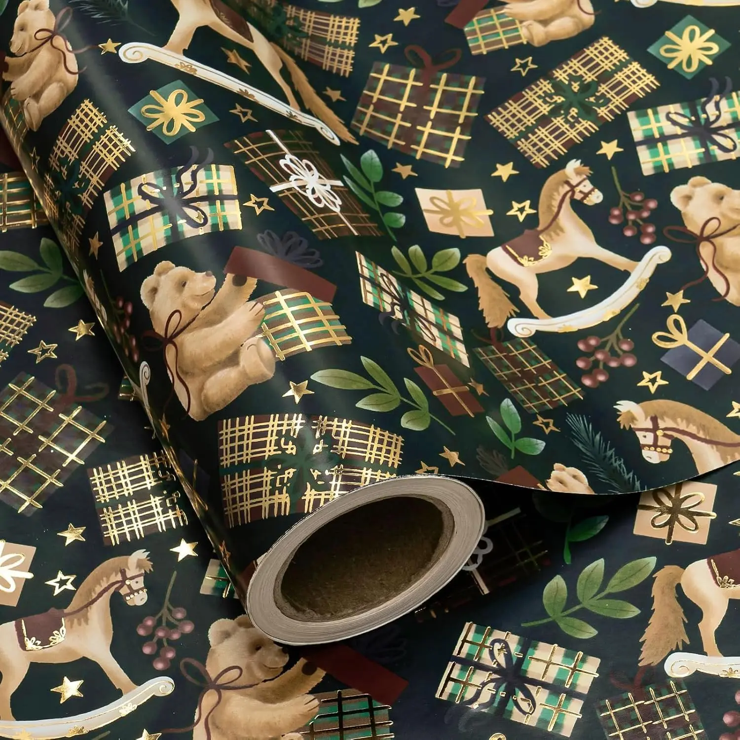 WRAPAHOLIC Vintage Christmas Wrapping Paper - Mini Roll - 17 Inch x 16.5 Feet - Foil Rocking Horses, Cozy Teddy Bears Green Wrapping Paper for Xmas Holiday, Kids Present, Winter Season