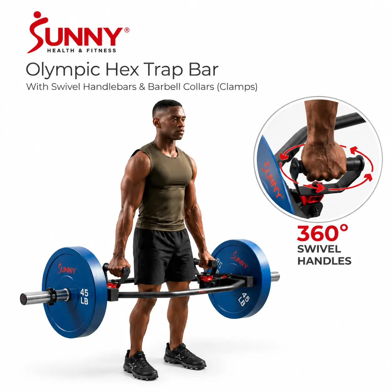 SUNNY Olympic Hex Trap Bar with Swivel Handles 400 lbs Capacity 22 lbs Bar Weight Diamond Knurling Grip Barbell Collars Safety Clip Clamp Deadlift Shrug Row Squat Weightlifting Strength Training Home Gym Kit Workout Exercise Fitness Equipment Heavy Duty