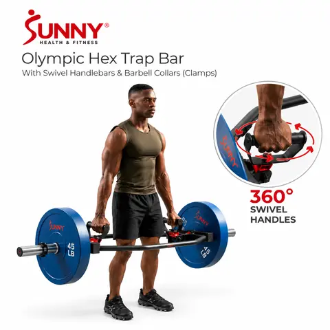 SUNNY Olympic Hex Trap Bar with Swivel Handles 400 lbs Capacity 22 lbs Bar Weight Diamond Knurling Grip Barbell Collars Safety Clip Clamp Deadlift Shrug Row Squat Weightlifting Strength Training Home Gym Kit Workout Exercise Fitness Equipment Heavy Duty