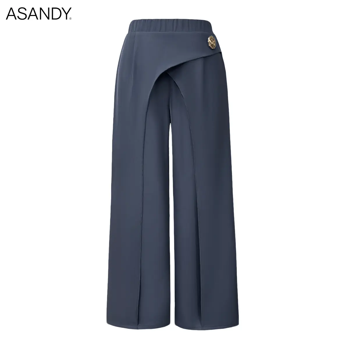 ASANDY Lady's Elegant High-Waisted Overlapping Wide Pants - Gold Decorative Buckle, Basic Plain Comfortable Bottoms for Office & Business Casual Wear