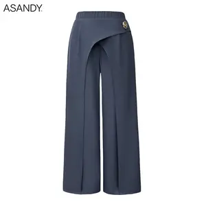 ASANDY High-Waisted Overlapping Wide-Leg Pants - Gold Decorative Buckle | Elegant Office & Casual Trousers