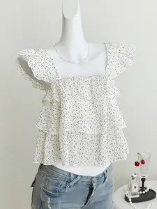 This Polka Dot Ruffle Crop Top is Coquette Fairycore Vibes  Square Neck Tiered Layered Blouse