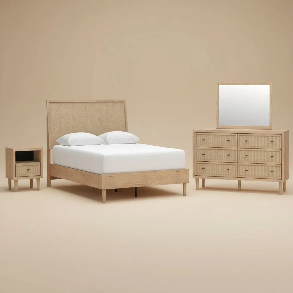 Cielden Queen Panel Bed with Mirrored Dresser and Nightstand