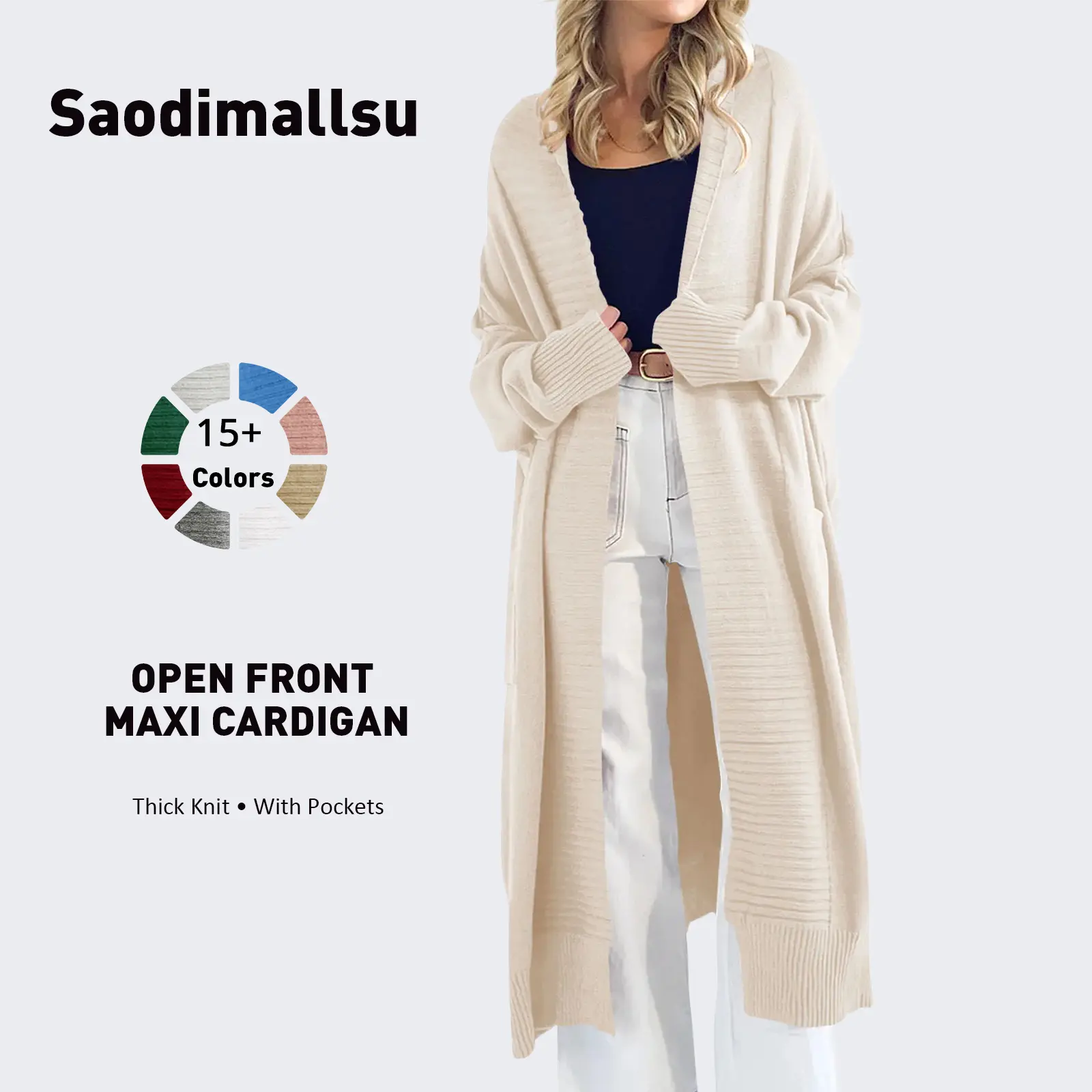 Saodimallsu Women's Minimalist Long Sleeve Knitwear Cardigan - Casual Oversized Slouchy Open-Front Chunky Warm Clothes with Pockets, Comfy Allseason Women's Cardigans for Fall Winter