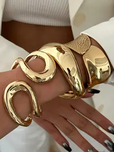 3-Piece Luxury Bracelet Set, Metal Texture Wide Band, Twisted & Hammered Design, Hypoallergenic, Fade-Resistant, European Style Jewelry
