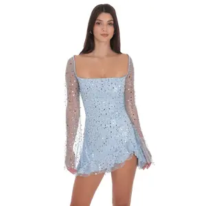 Sequin Flare Long Sleeve Dress in Light Blue