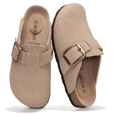 KIDMI 100% Genuine Suede Clogs for Women Classic Men Clogs WIith Memory Foam Cork Footbed Potato Shoes Slip On Leather Mules with Big Buckle,Casual, Indoor Outdoor, Non-slip Rubber Sole
