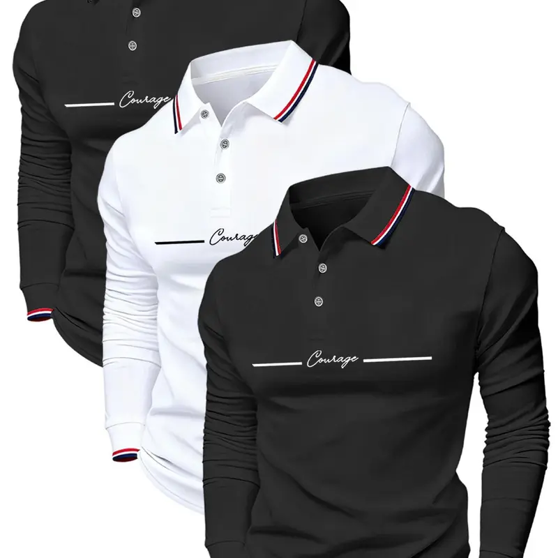 Men's Letter Print Button Up Polo Shirt, Loose Long Sleeve Front Button Design, Casual Fitted Fit, Breathable Fabric, Ideal for Daily Wear & Sports