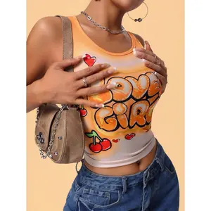 Women's Summer Cartoon Letter Printed Slim Fit Tank Top Graphic Tees Women Tops