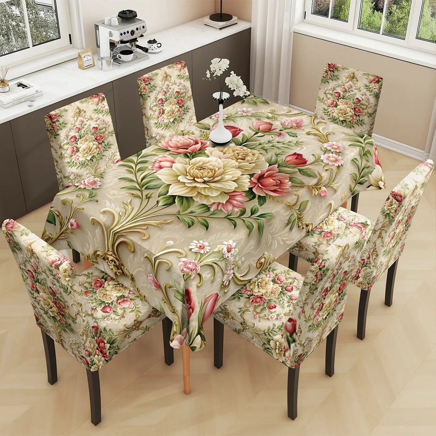 2/5/7pcs Restaurant Chair Decor, Floral Wallpaper Pattern, Detachable and Washable, Stain-Resistant, Suitable for Home, Office, Hotel, Dining Chair Covers, Dining Room Chair Covers, Chair Cover Set, Dining Chair Protectors, Chair Covers For Dining Chairs
